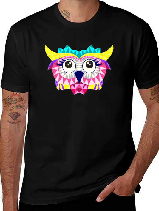 Geometric Owl Print Black T-Shirt
