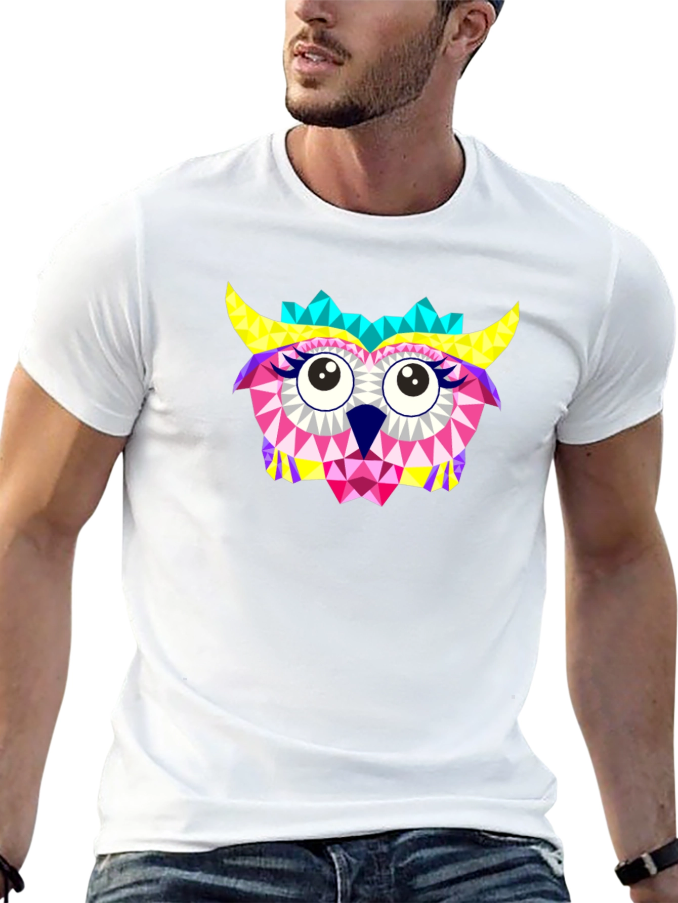 Geometric Owl Print Black T-Shirt
