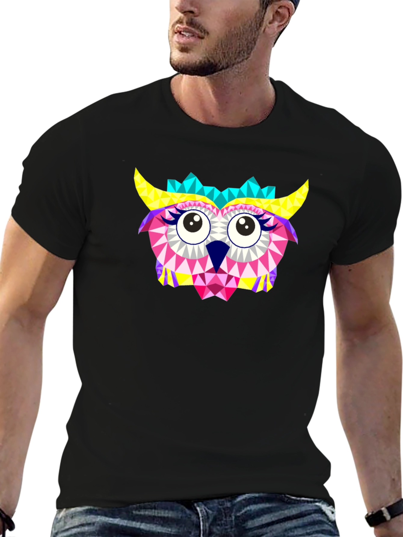 Geometric Owl Print Black T-Shirt