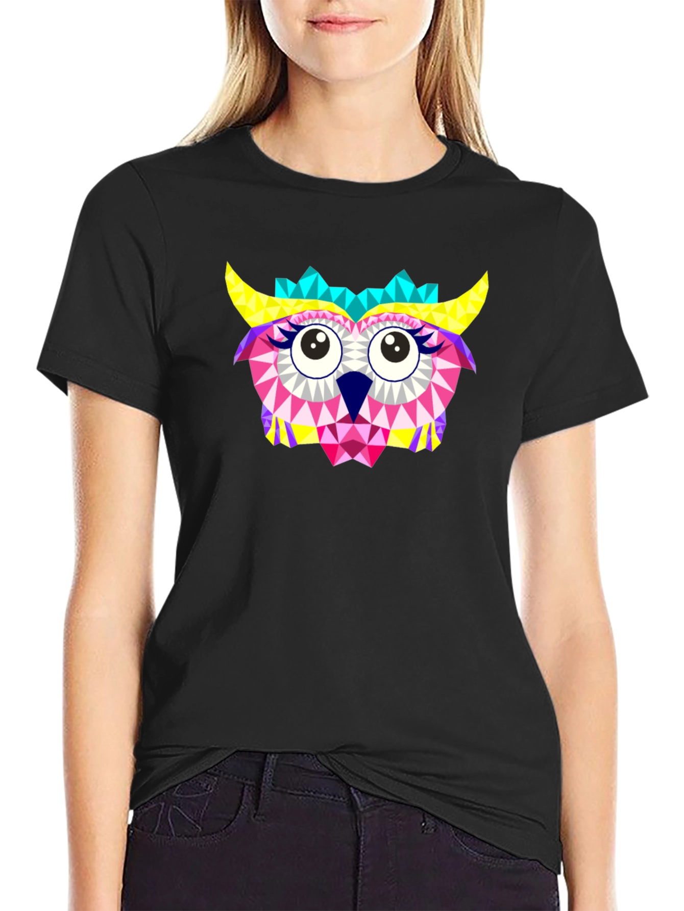 Geometric Owl Print Black T-Shirt