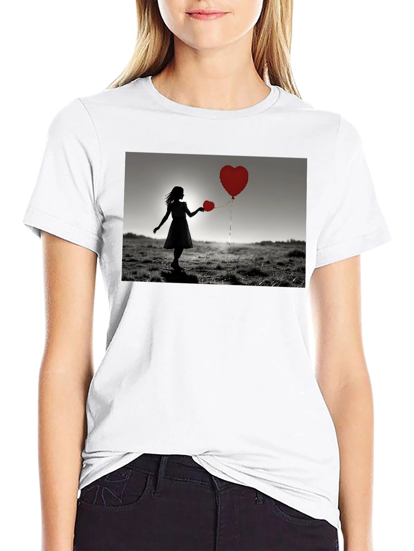Heart Balloons Graphic Tee - Romantic Silhouette T-Shirt