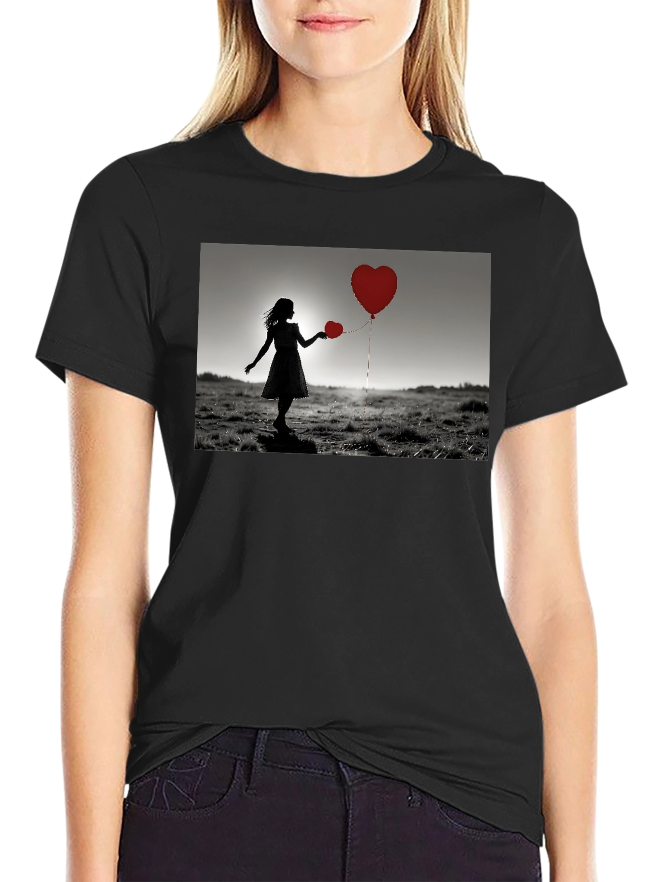 Heart Balloons Graphic Tee - Romantic Silhouette T-Shirt