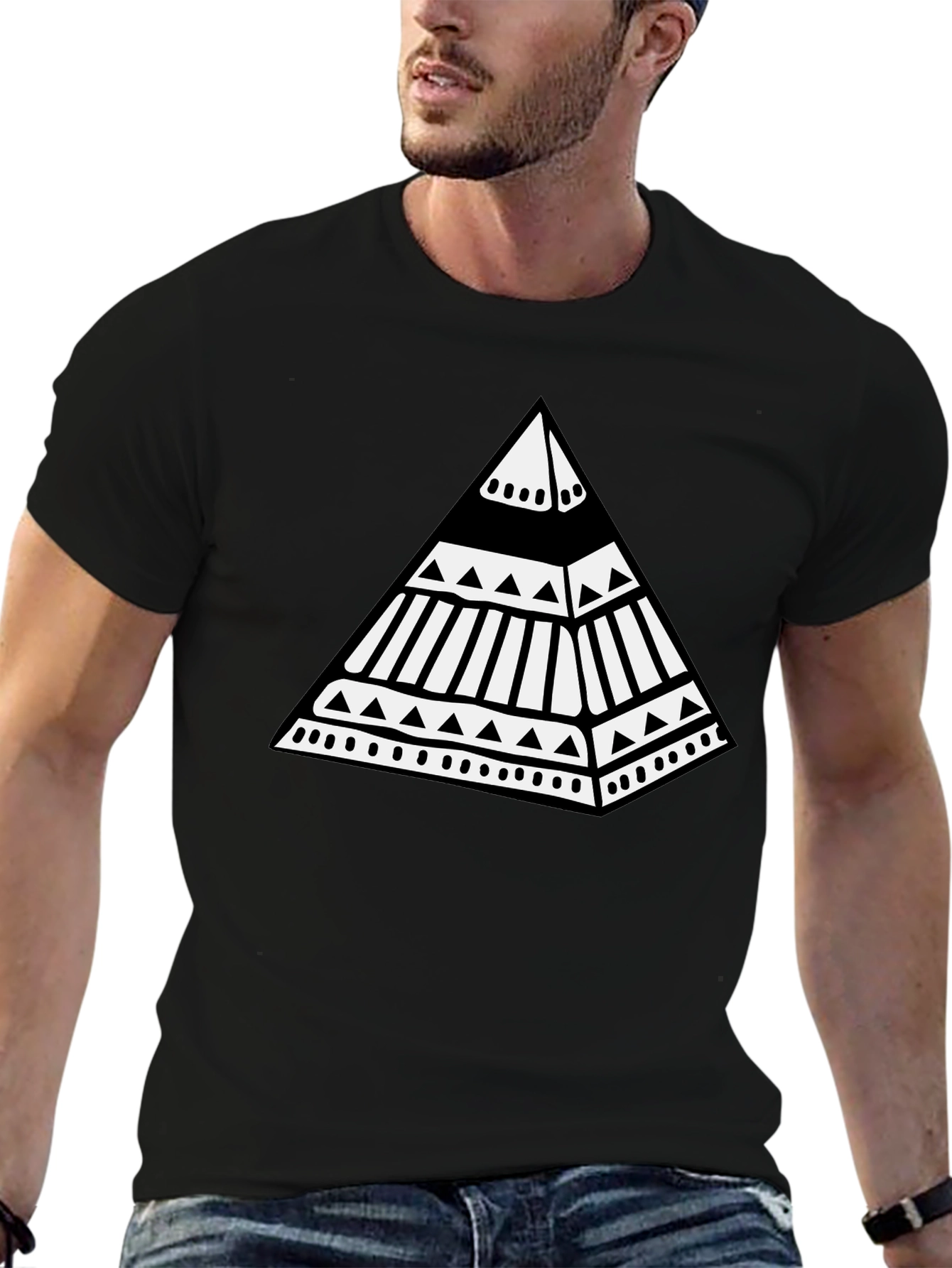Tribal Pyramid Graphic Tee - Stylish Black T-Shirt