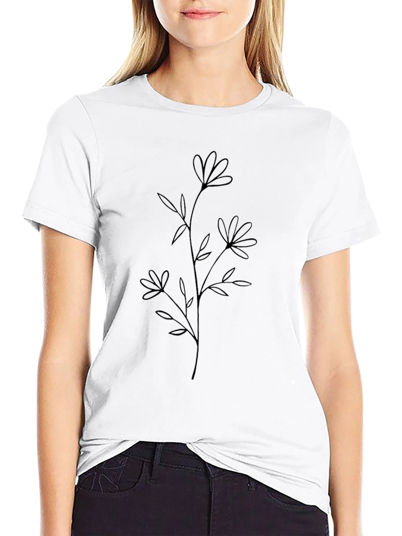 Minimalist Flower Line Art Black T-Shirt