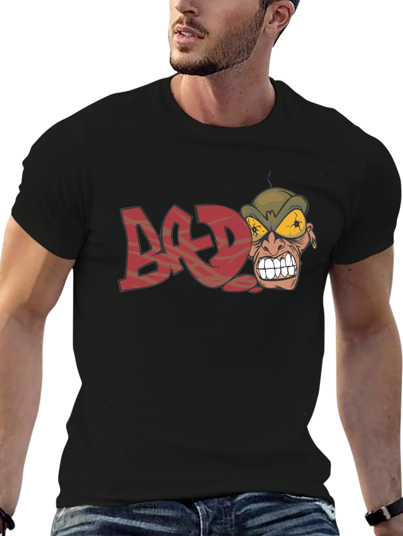 Edgy BAD Graphic Black T-Shirt - Cartoon Angry Face