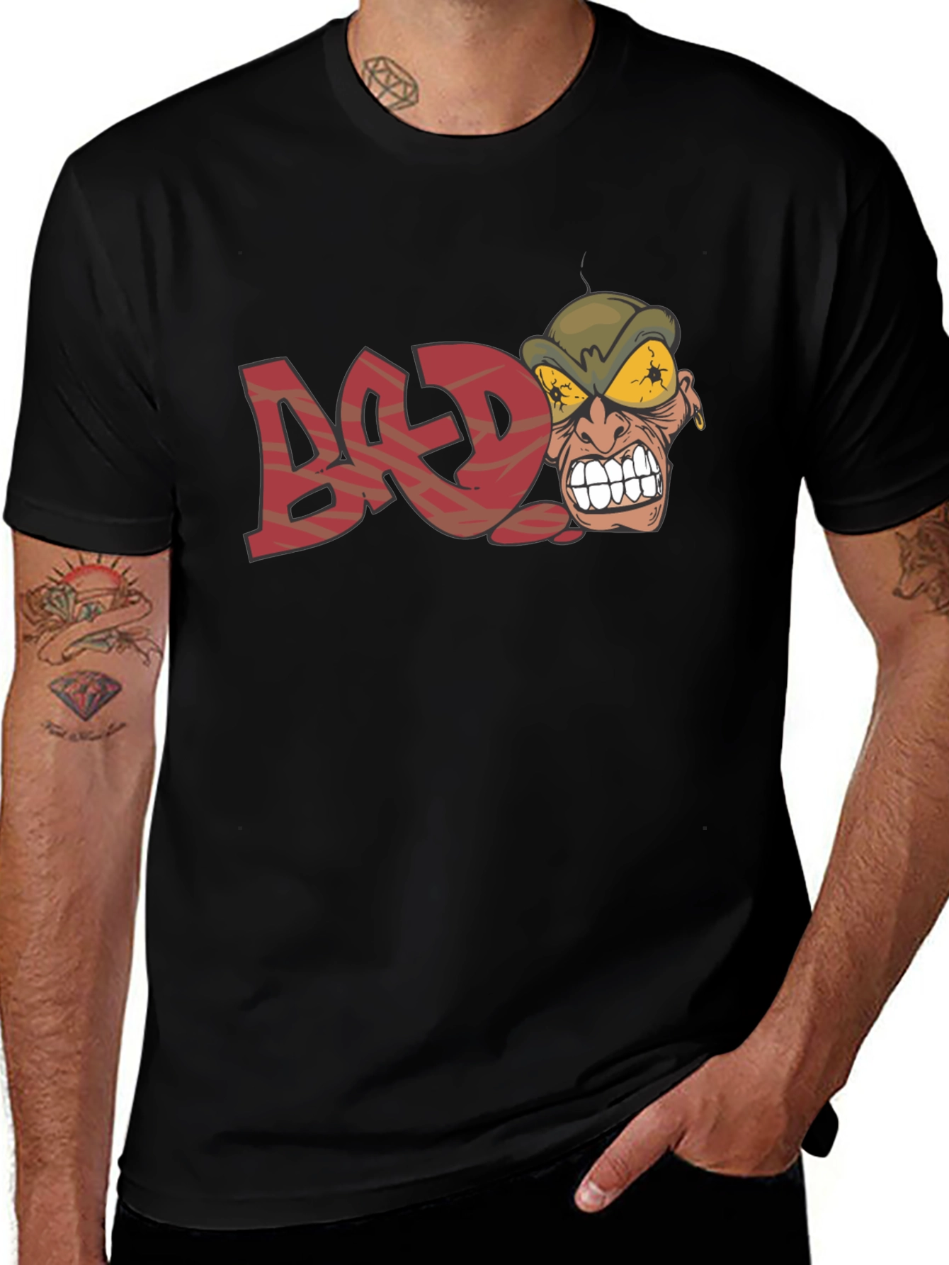 Edgy BAD Graphic Black T-Shirt - Cartoon Angry Face