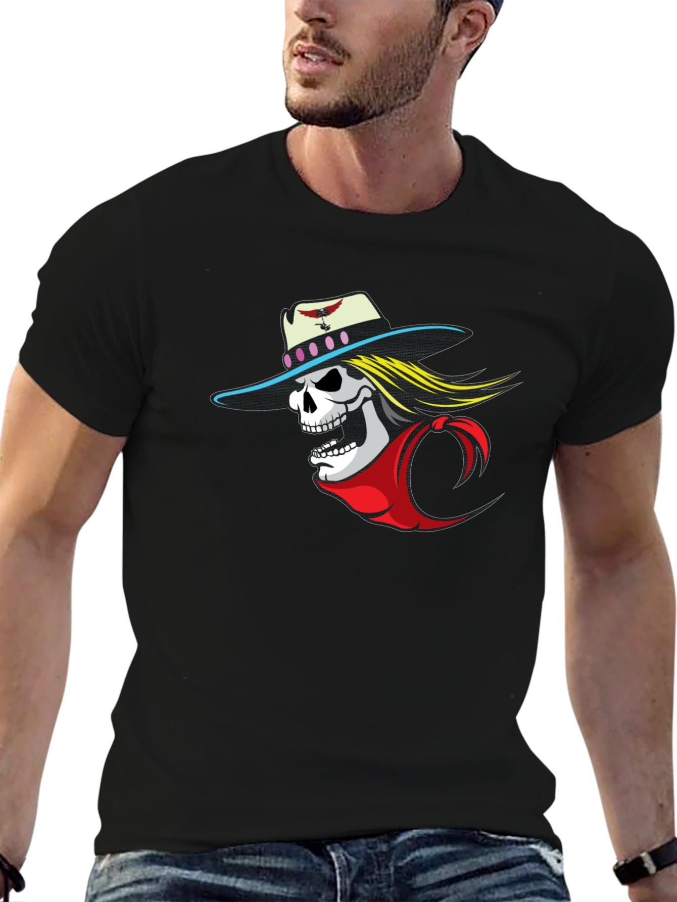Skull Cowboy Graphic Tee - Black Cotton T-Shirt