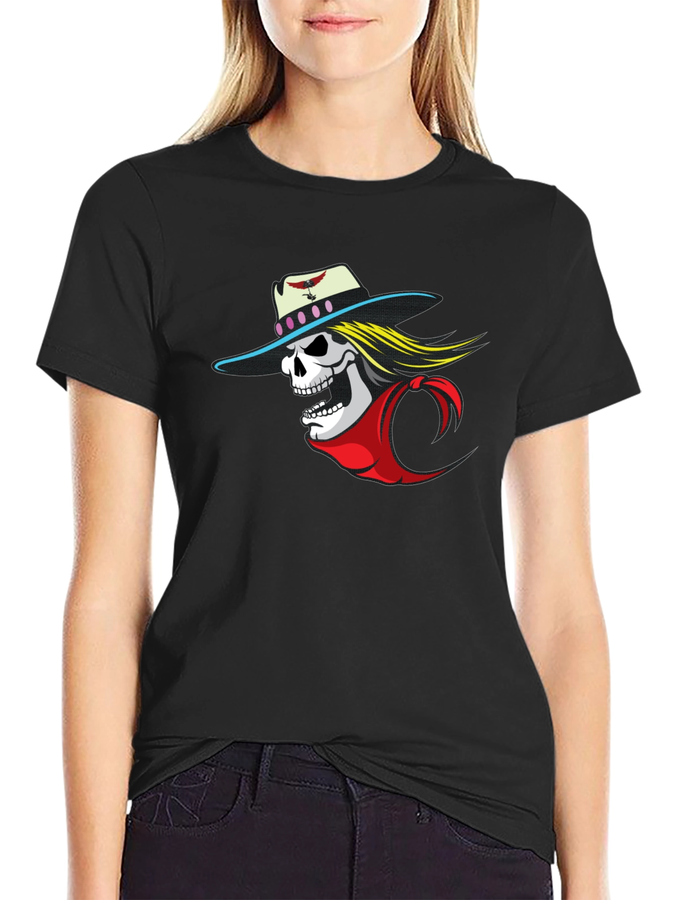 Skull Cowboy Graphic Tee - Black Cotton T-Shirt