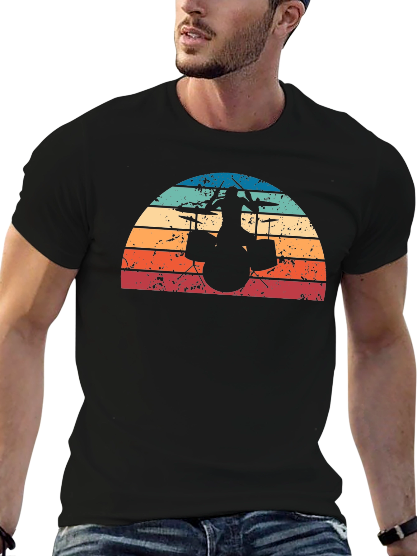 Retro Drummer Silhouette T-Shirt - Black
