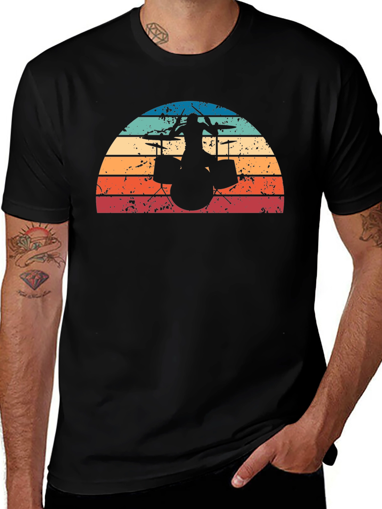 Retro Drummer Silhouette T-Shirt - Black