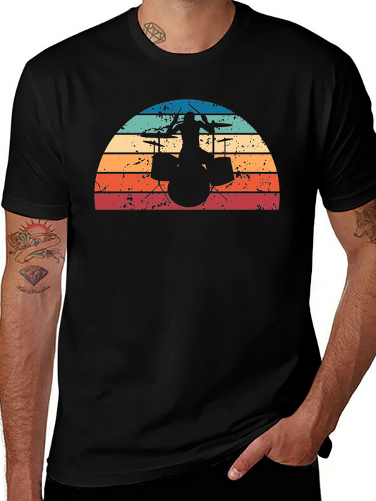 Retro Drummer Silhouette T-Shirt - Black