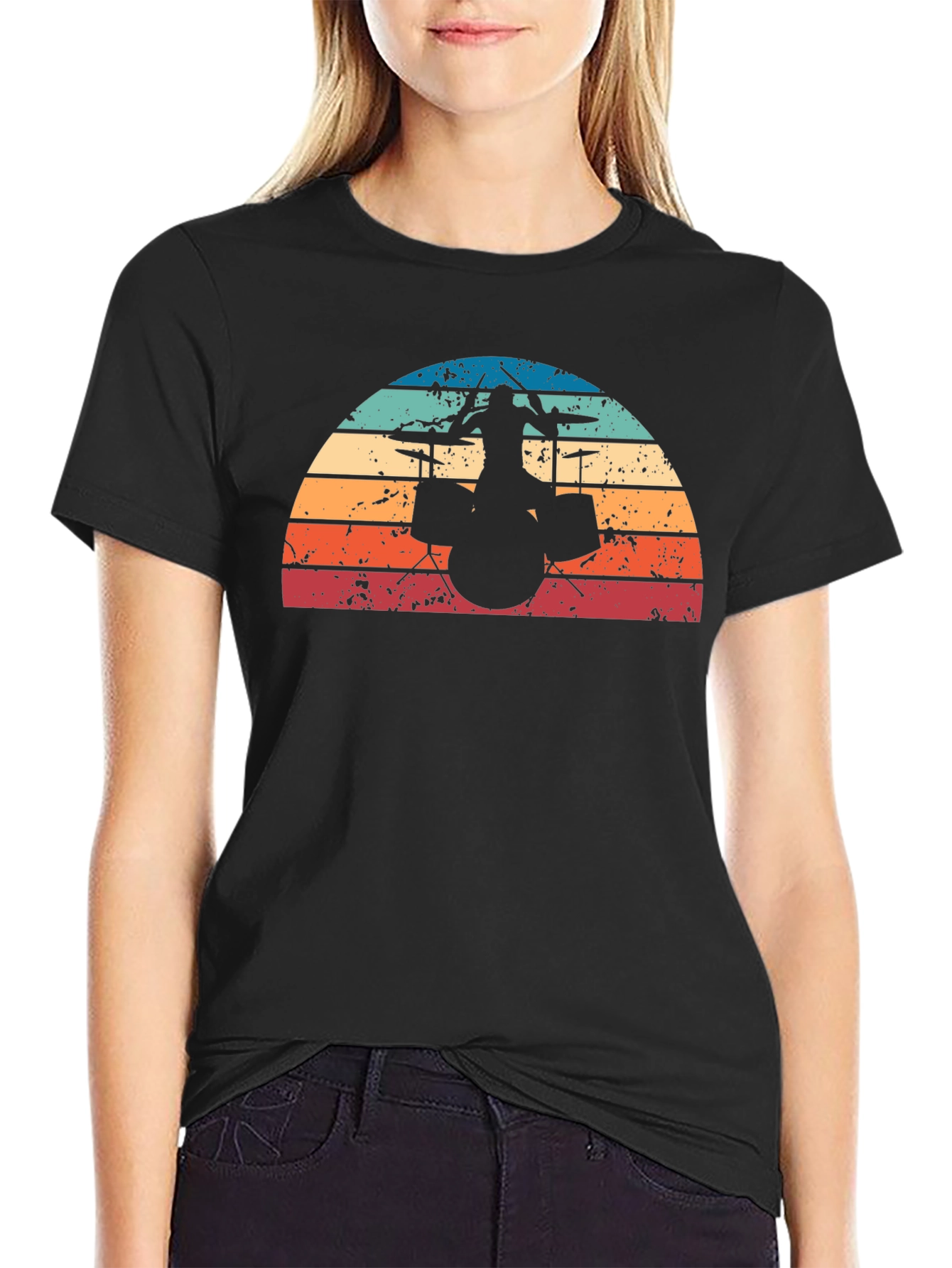 Retro Drummer Silhouette T-Shirt - Black
