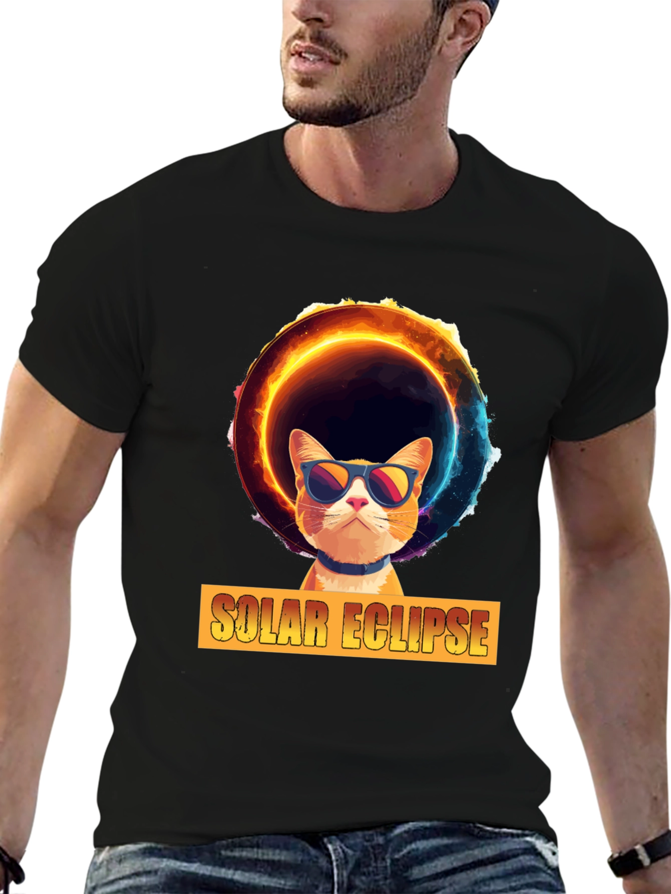 Solar Eclipse Cat Graphic Tee - Cool Celestial Design