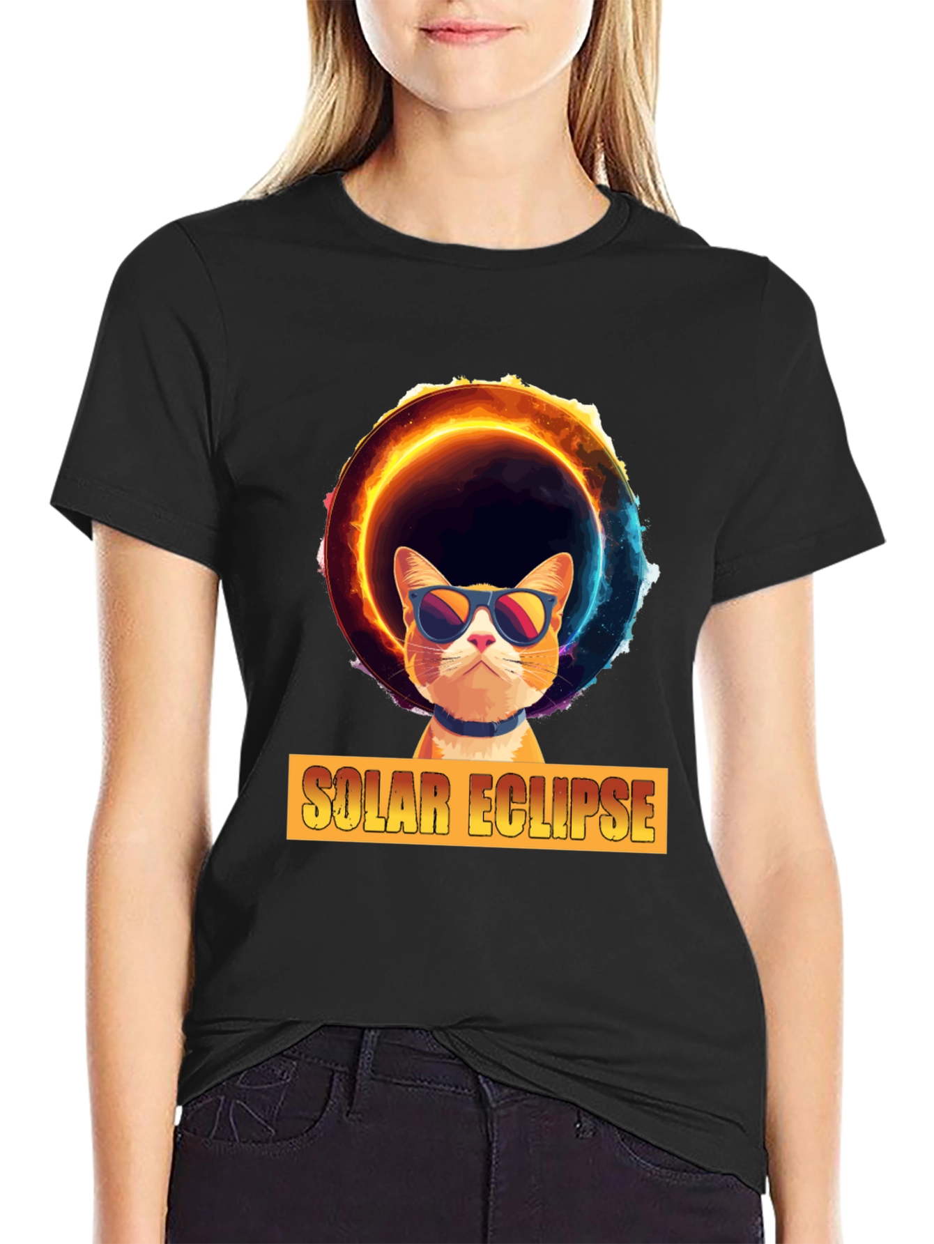 Solar Eclipse Cat Graphic Tee - Cool Celestial Design