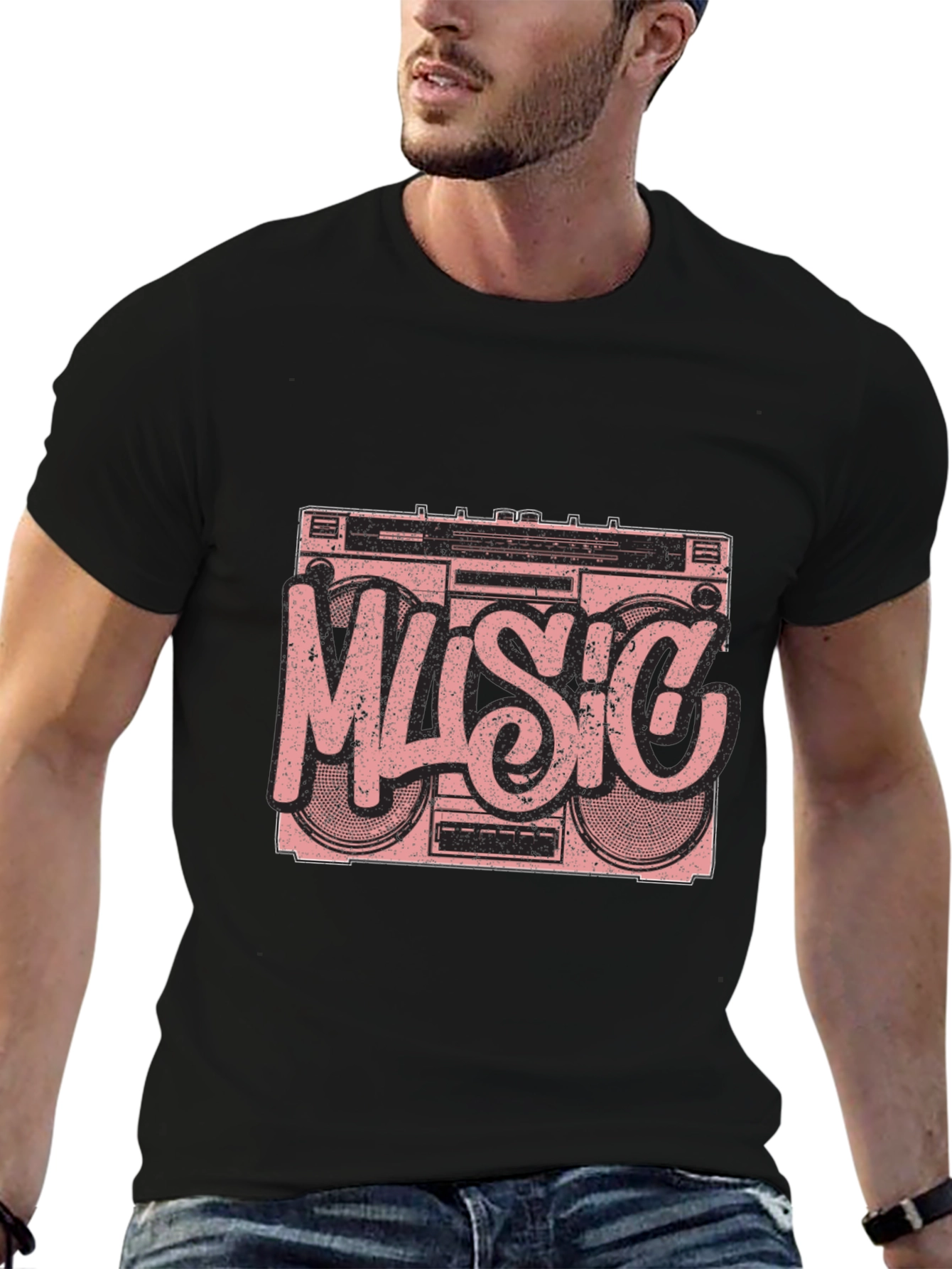 Retro Music Boombox Graphic T-Shirt - Black