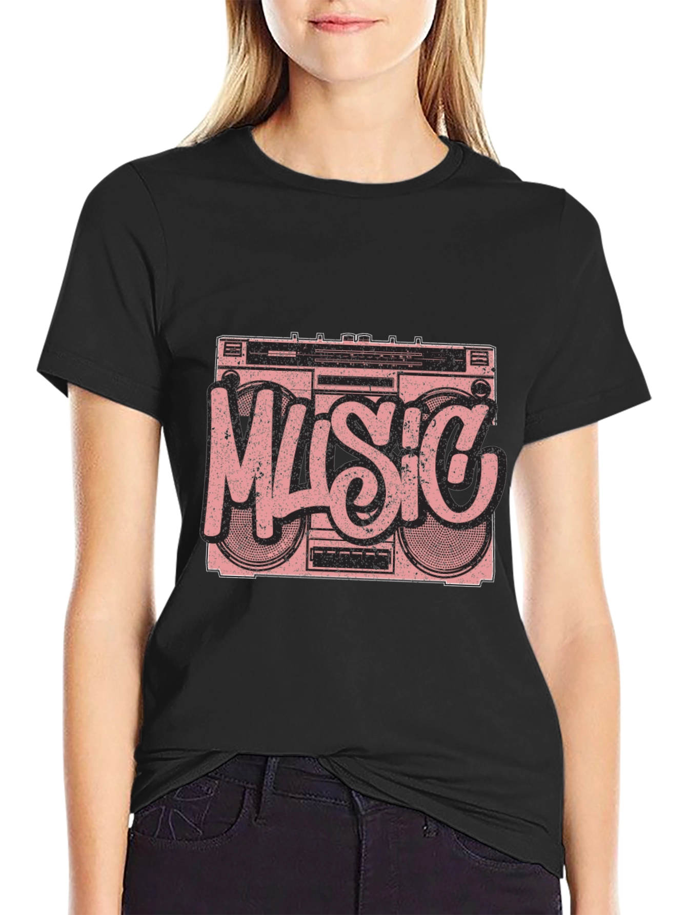 Retro Music Boombox Graphic T-Shirt - Black