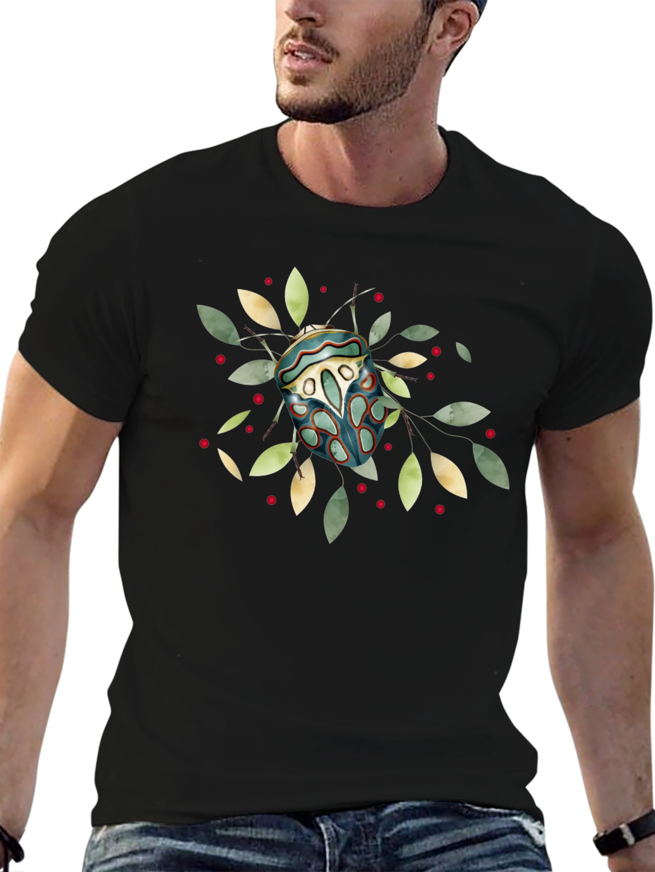 Artistic Bug Print Black T-Shirt