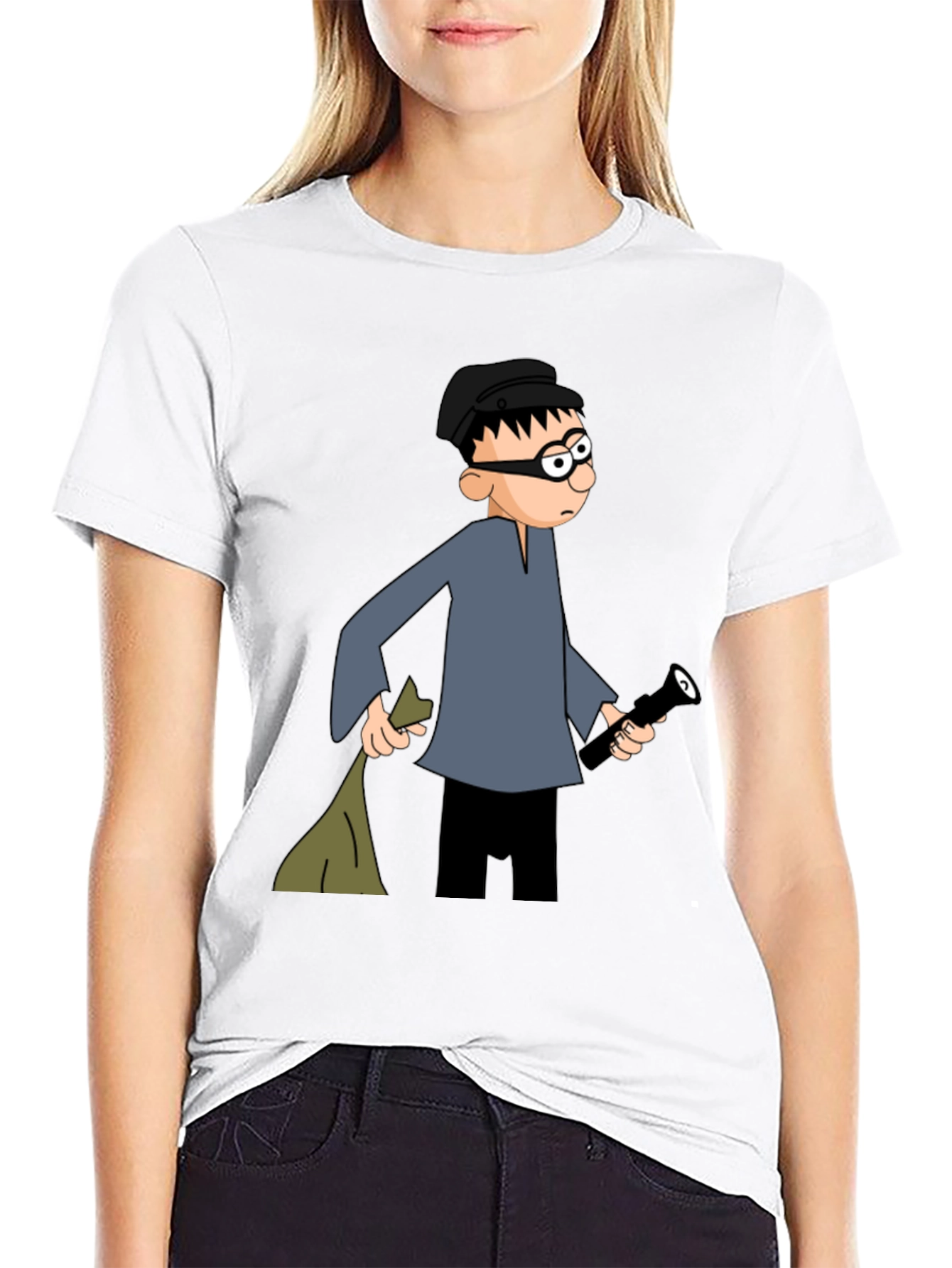 Cartoon Burglar Black T-Shirt