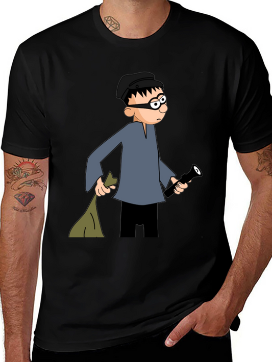 Cartoon Burglar Black T-Shirt