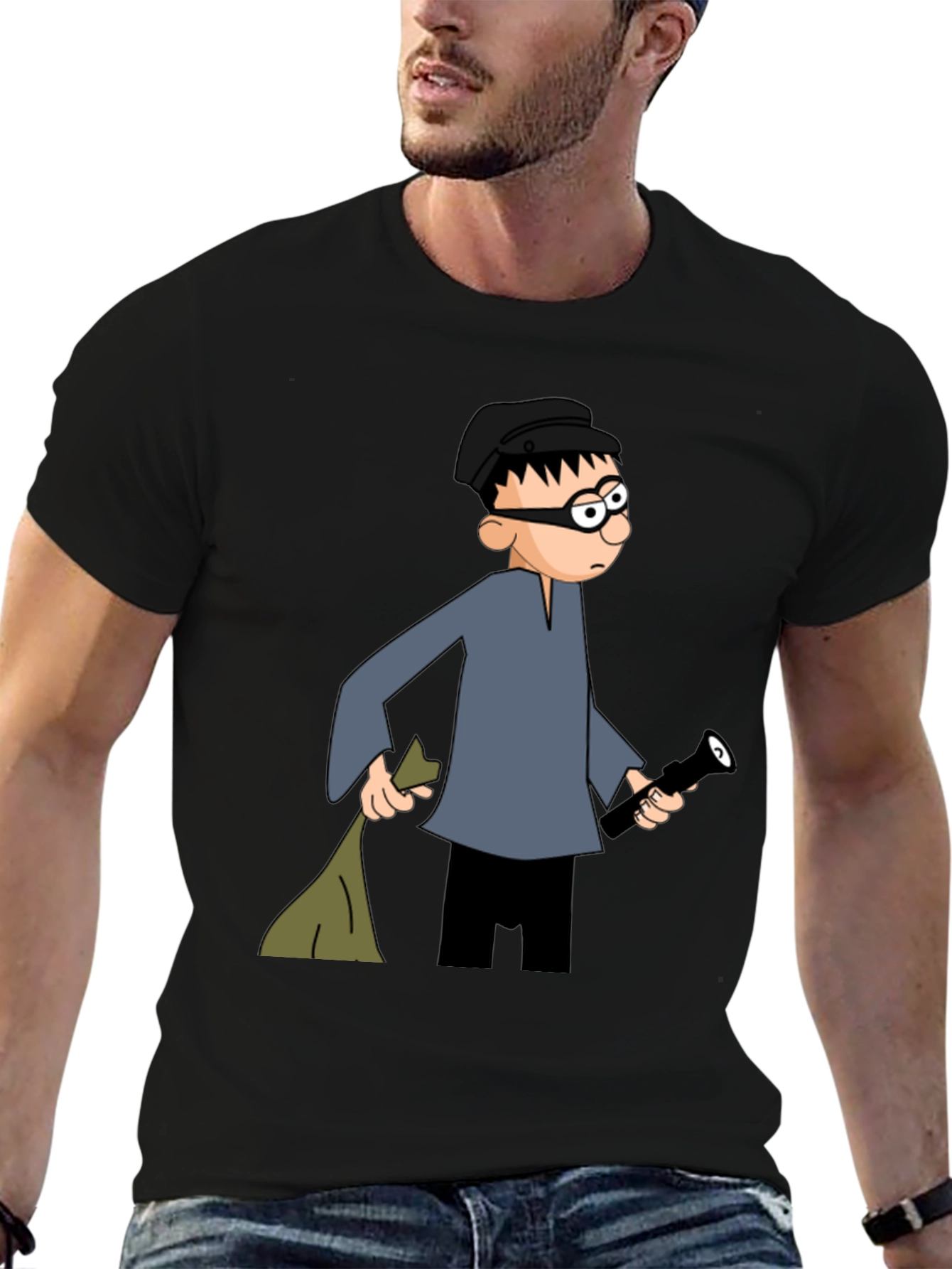 Cartoon Burglar Black T-Shirt