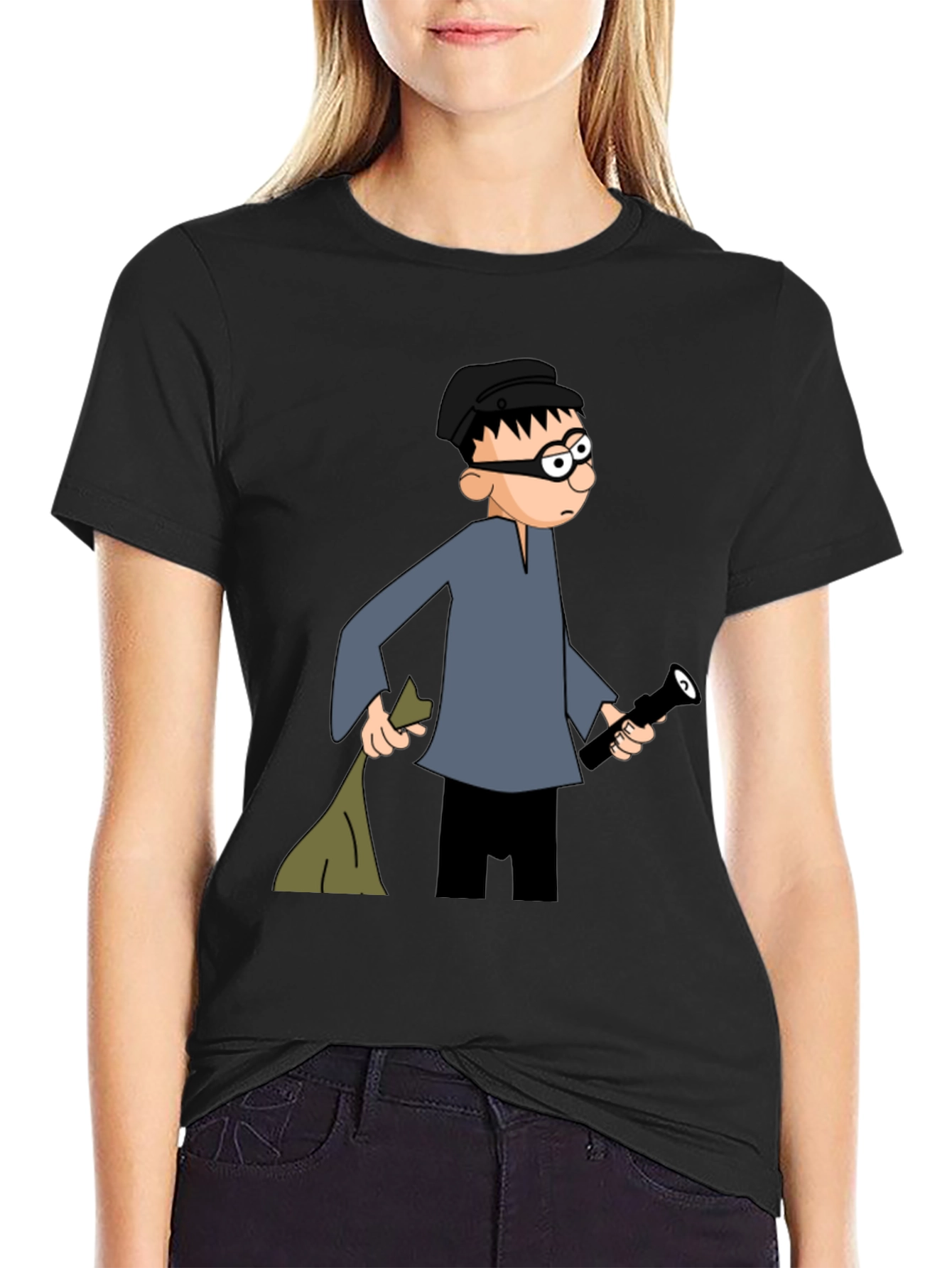 Cartoon Burglar Black T-Shirt