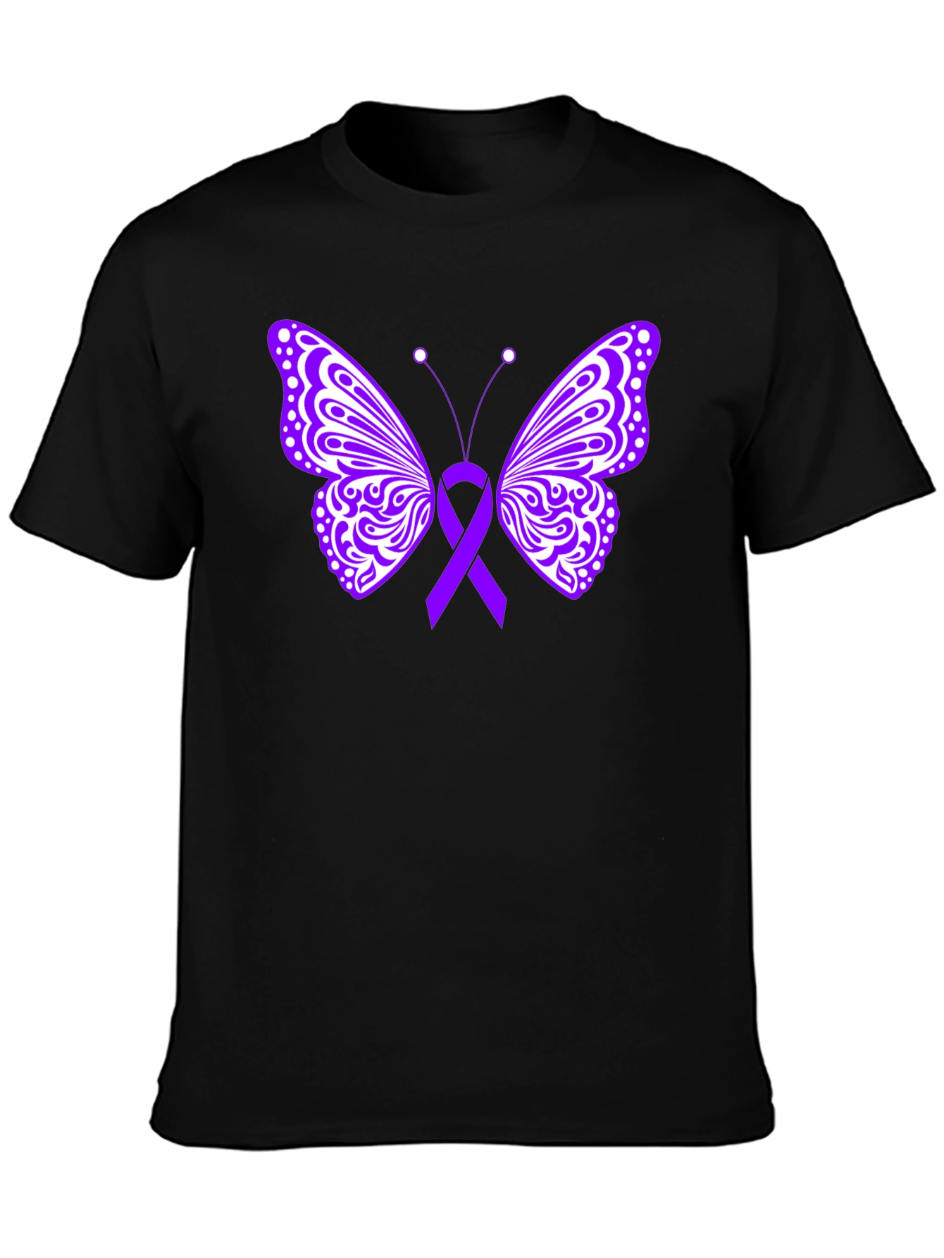 Purple Ribbon Butterfly Black T-Shirt