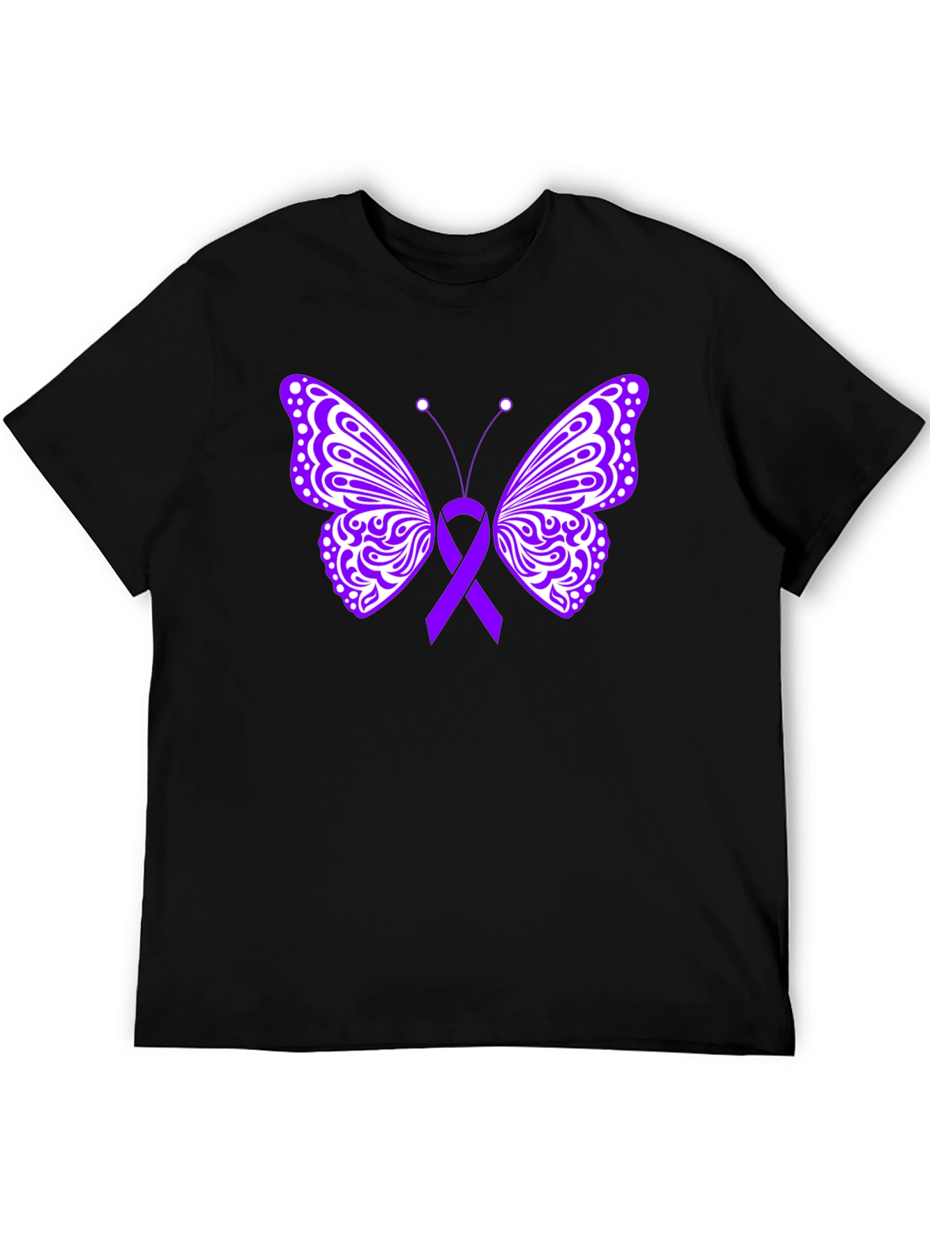Purple Ribbon Butterfly Black T-Shirt