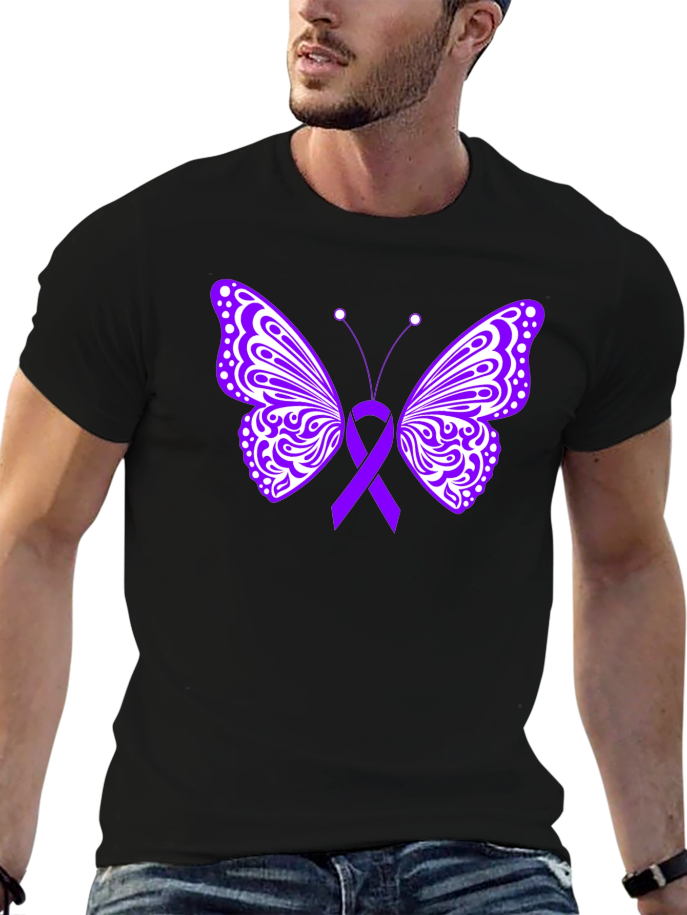 Purple Ribbon Butterfly Black T-Shirt