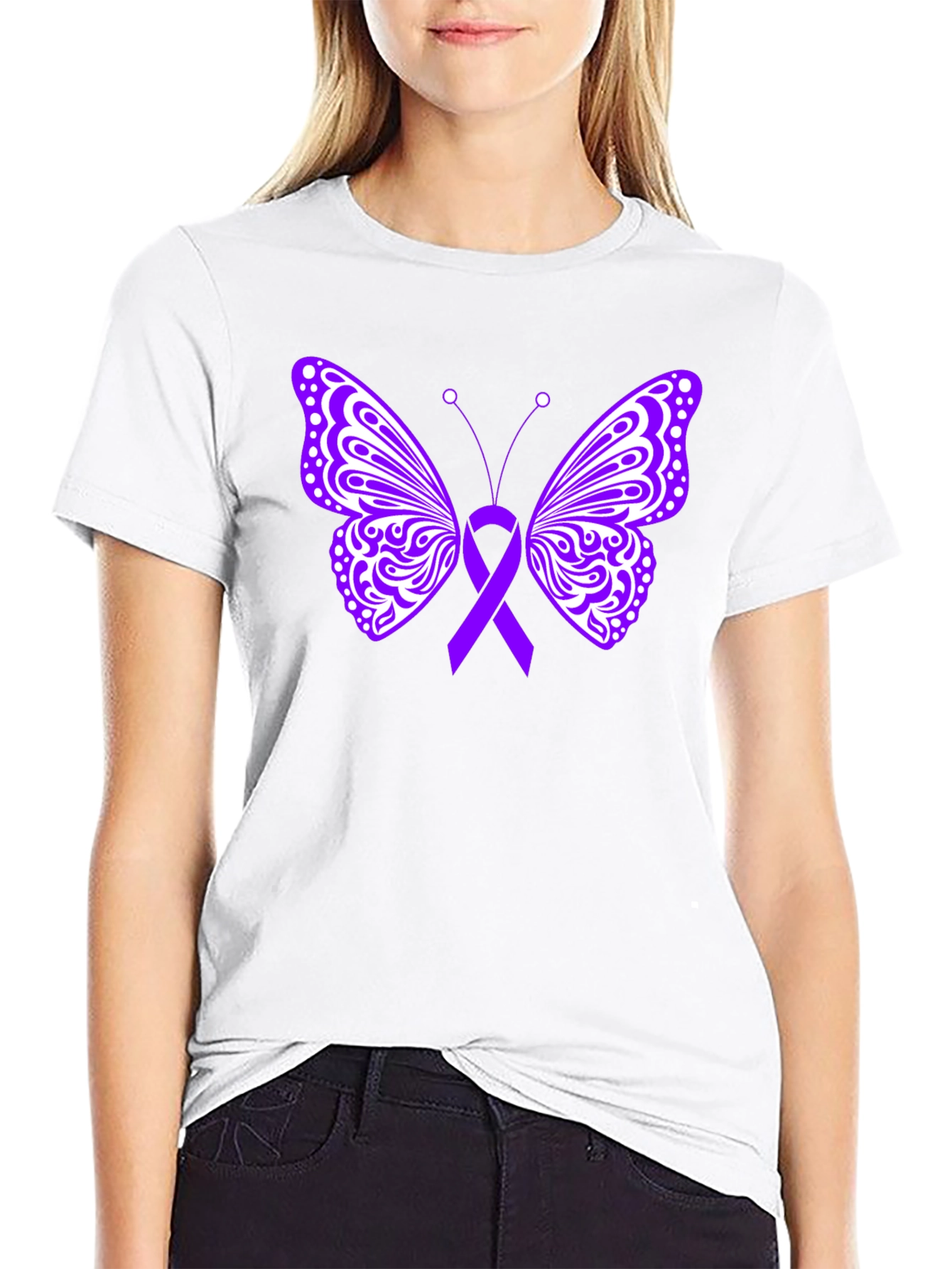 Purple Ribbon Butterfly Black T-Shirt