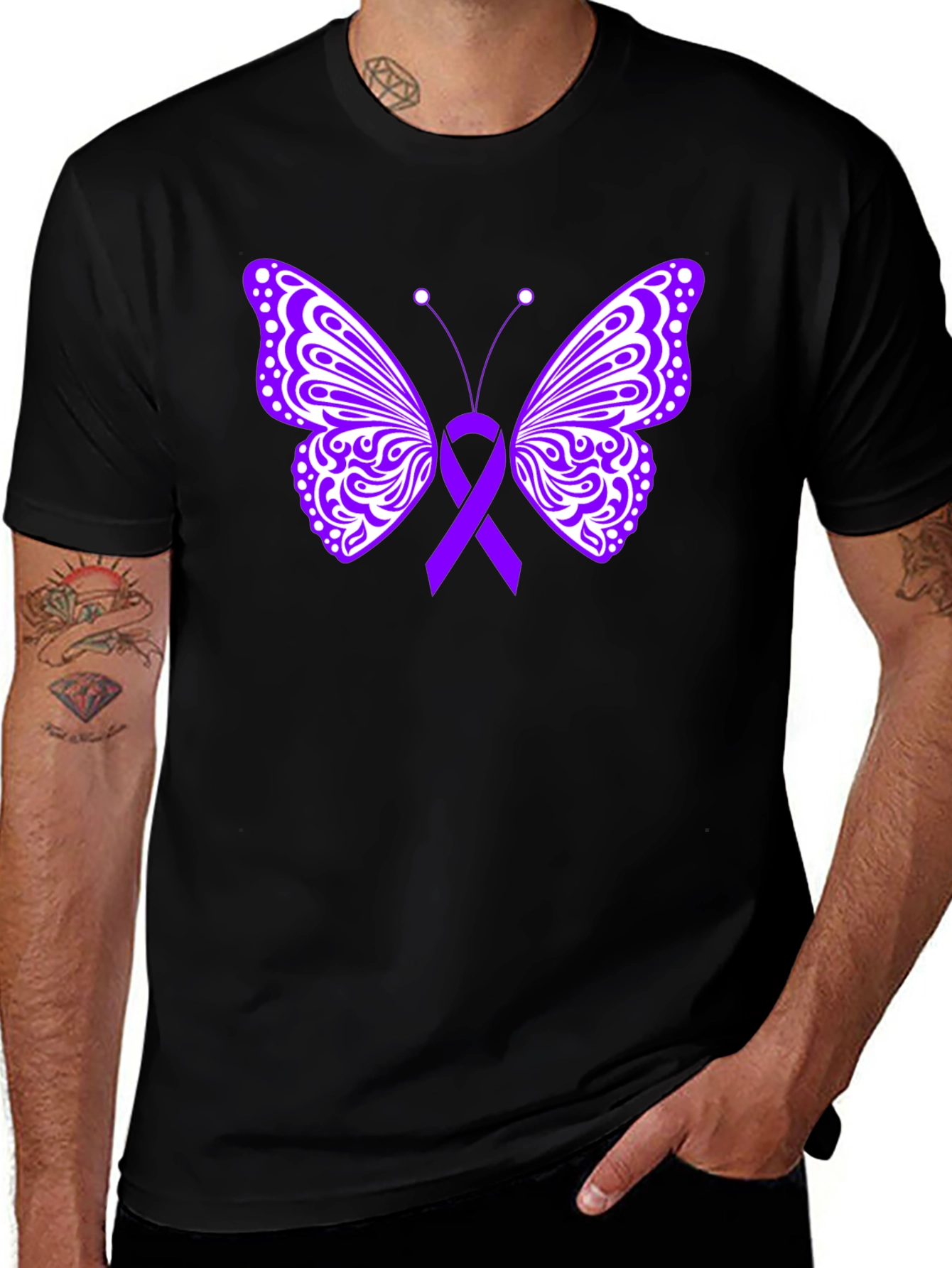 Purple Ribbon Butterfly Black T-Shirt