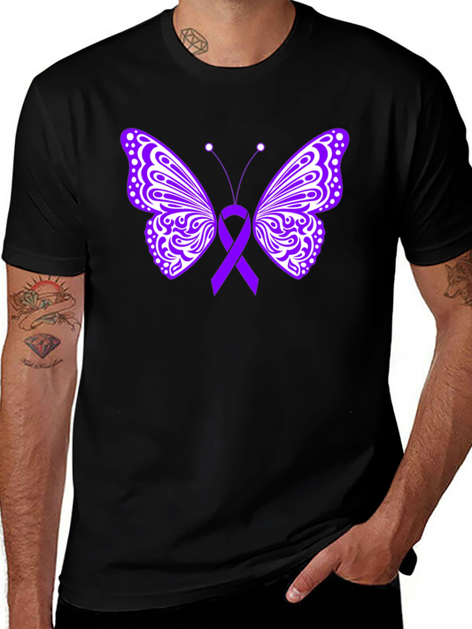 Purple Ribbon Butterfly Black T-Shirt