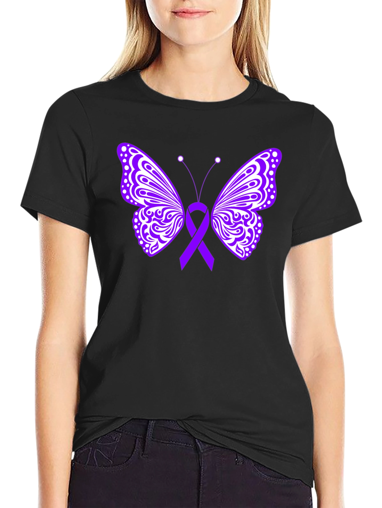 Purple Ribbon Butterfly Black T-Shirt