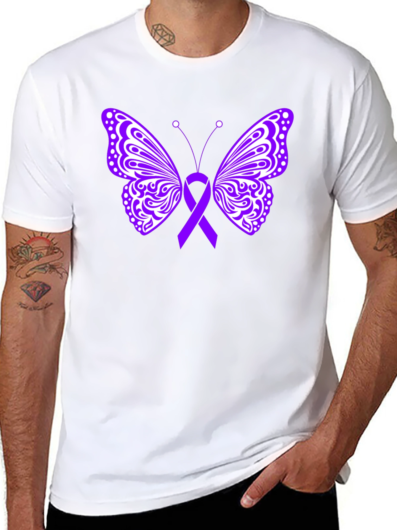 Purple Ribbon Butterfly Black T-Shirt