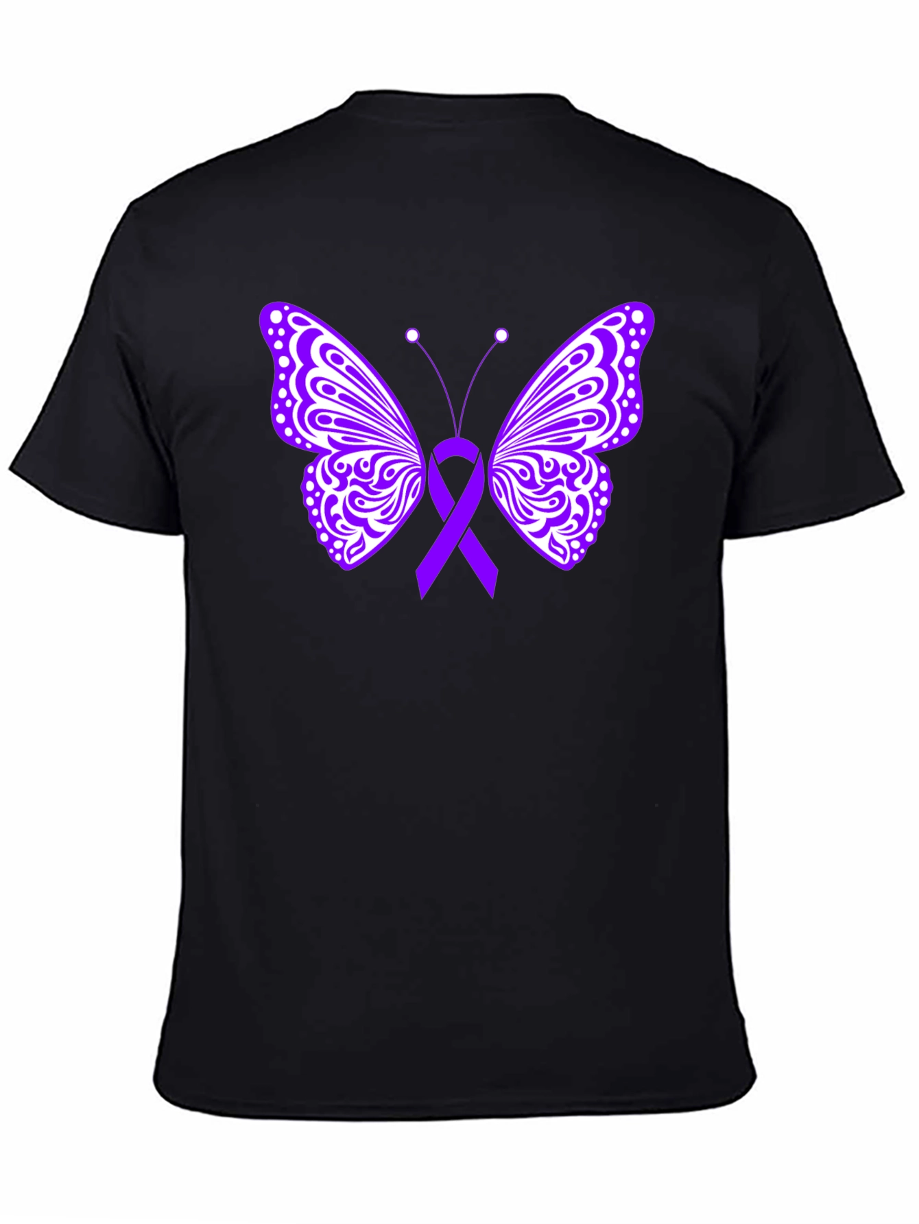 Purple Ribbon Butterfly Black T-Shirt