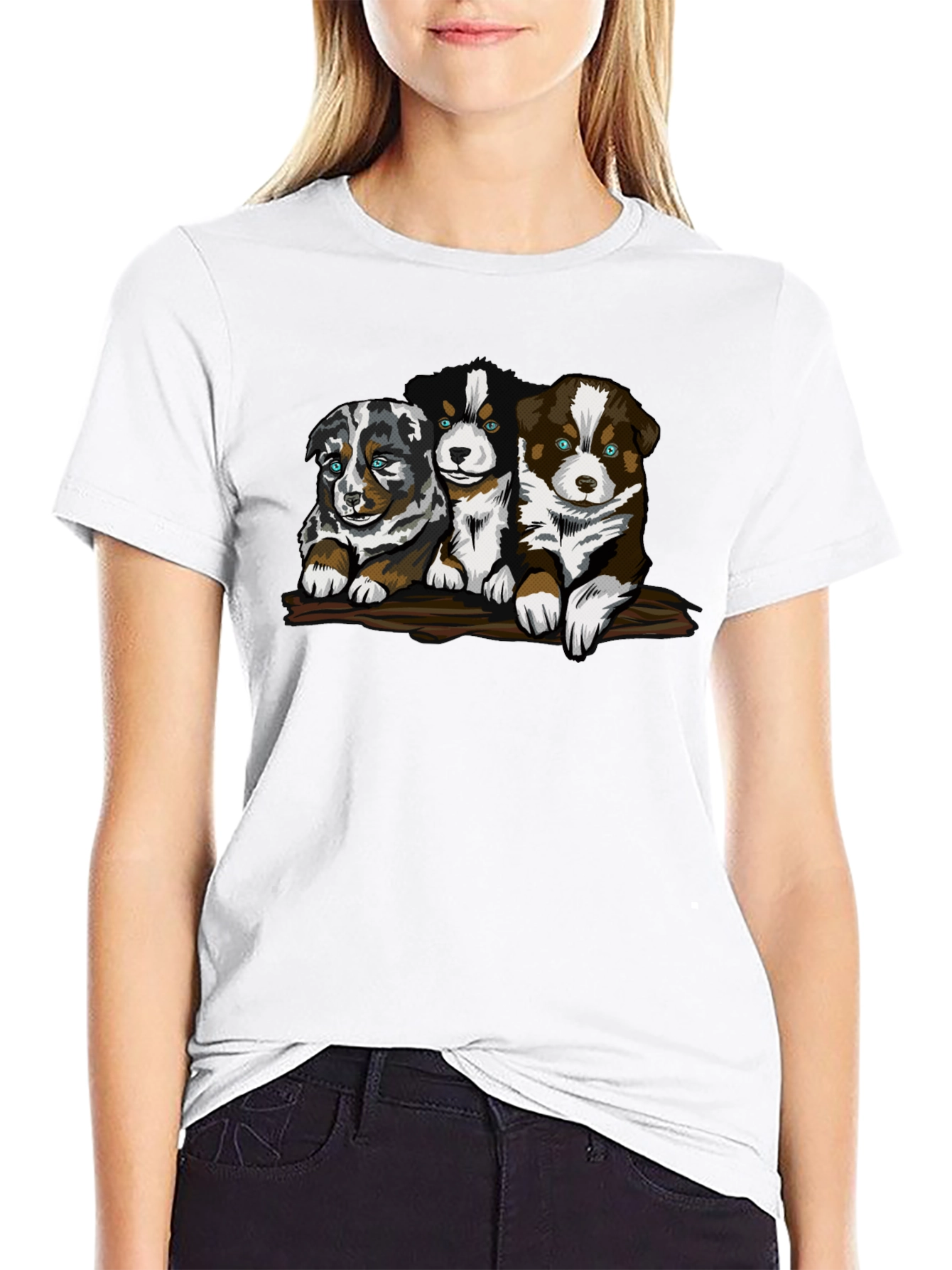 Cute Puppy Trio Graphic T-Shirt - Black