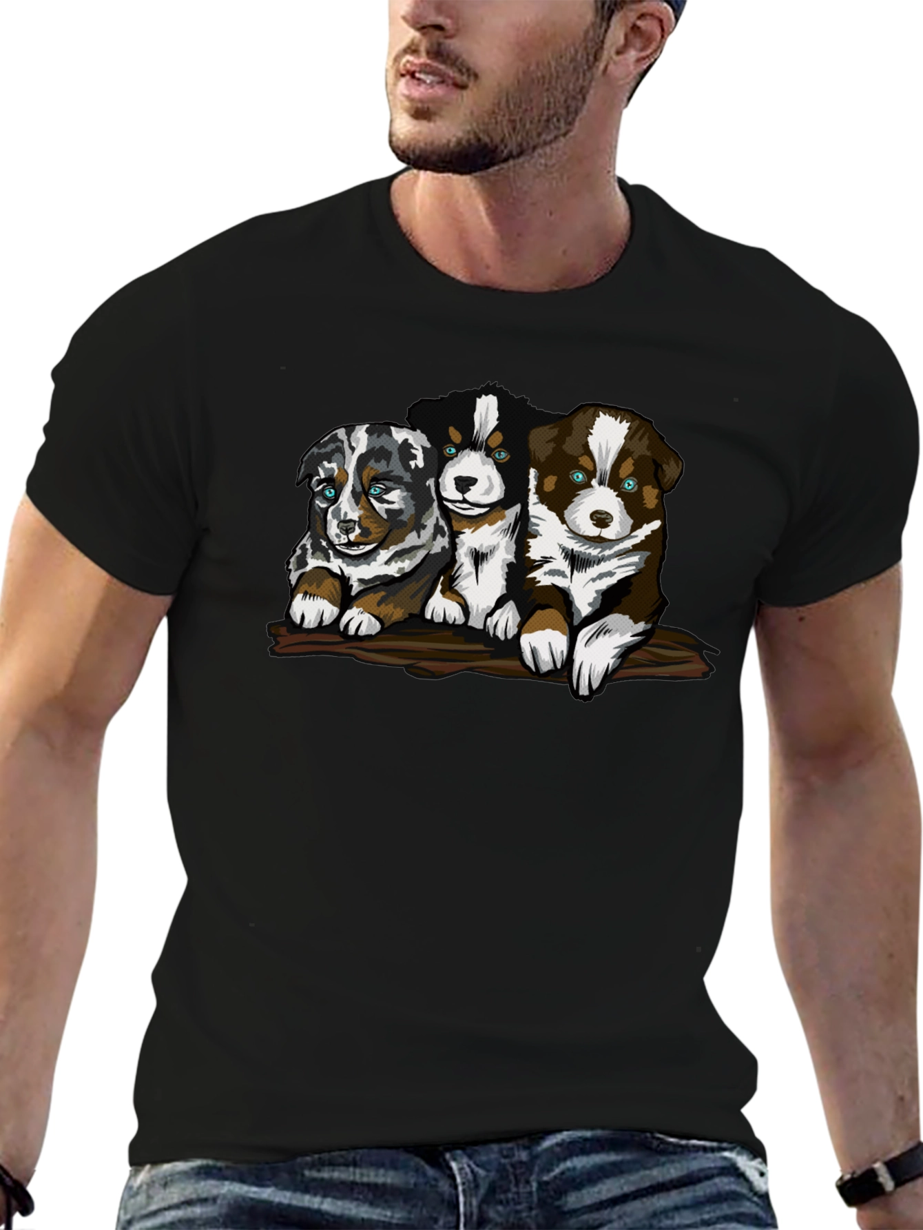 Cute Puppy Trio Graphic T-Shirt - Black