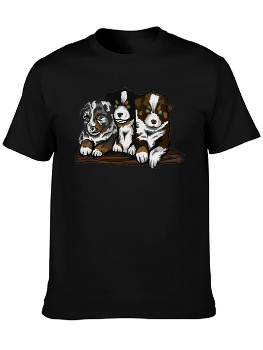 Cute Puppy Trio Graphic T-Shirt - Black