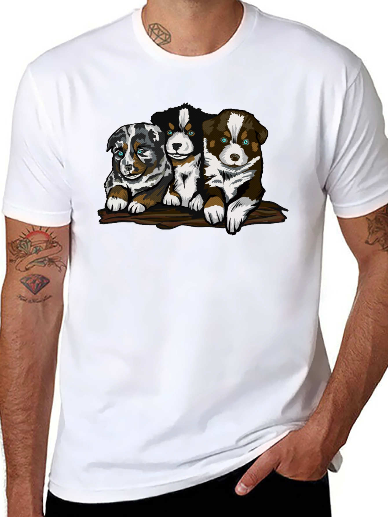 Cute Puppy Trio Graphic T-Shirt - Black