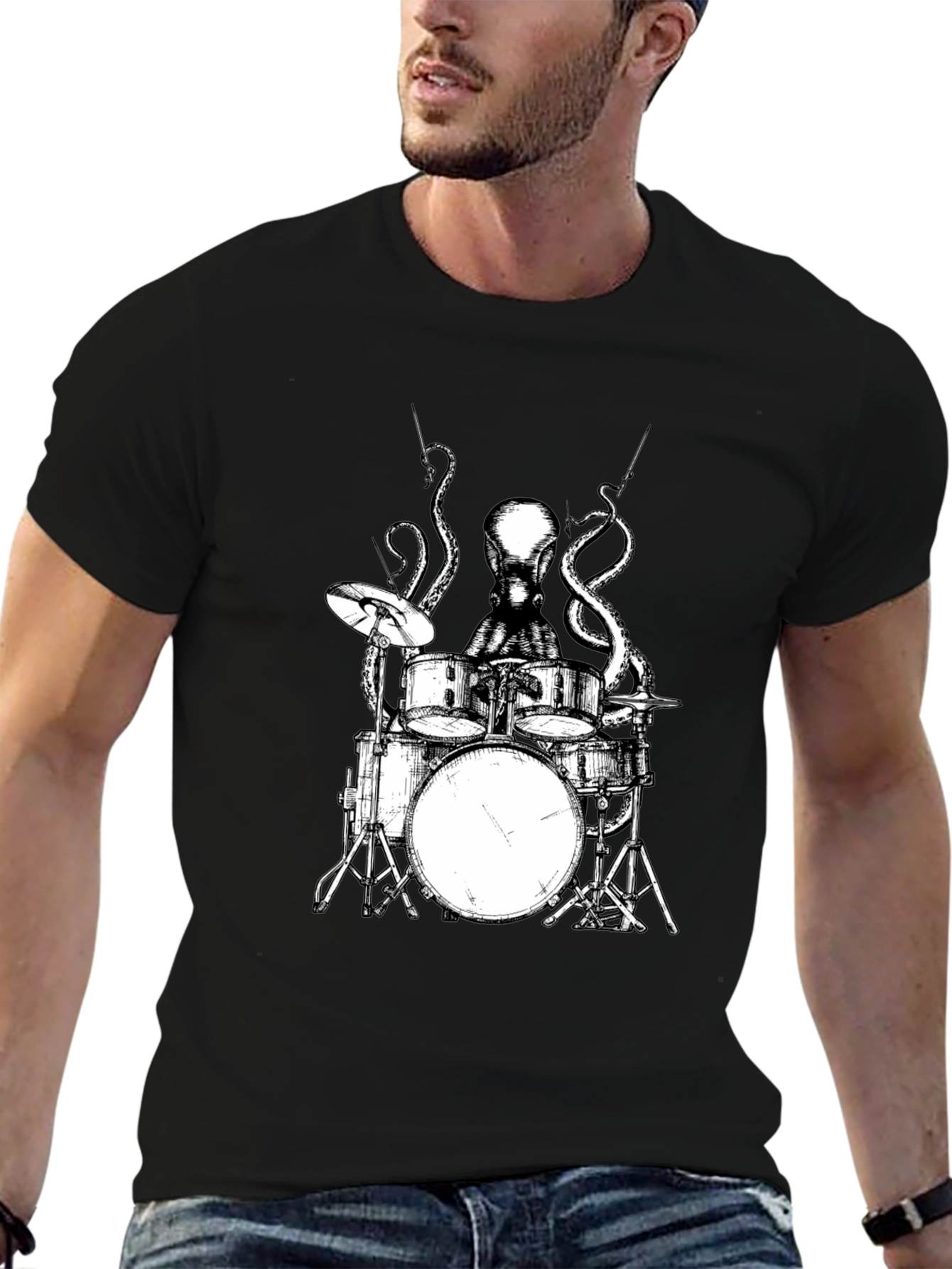 Octopus Drummer Graphic Tee - Black Cotton T-Shirt