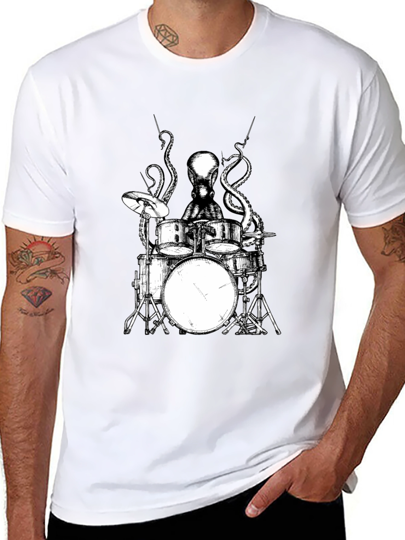Octopus Drummer Graphic Tee - Black Cotton T-Shirt