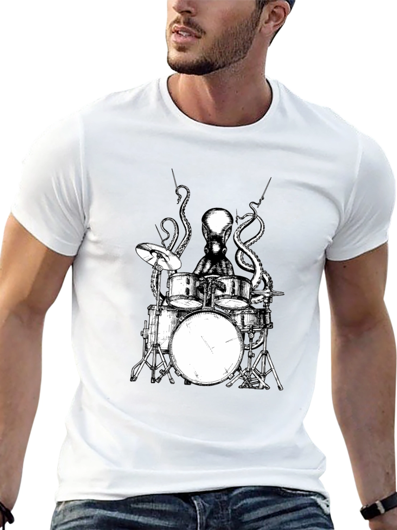 Octopus Drummer Graphic Tee - Black Cotton T-Shirt
