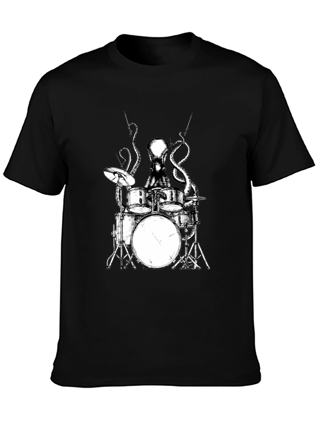 Octopus Drummer Graphic Tee - Black Cotton T-Shirt