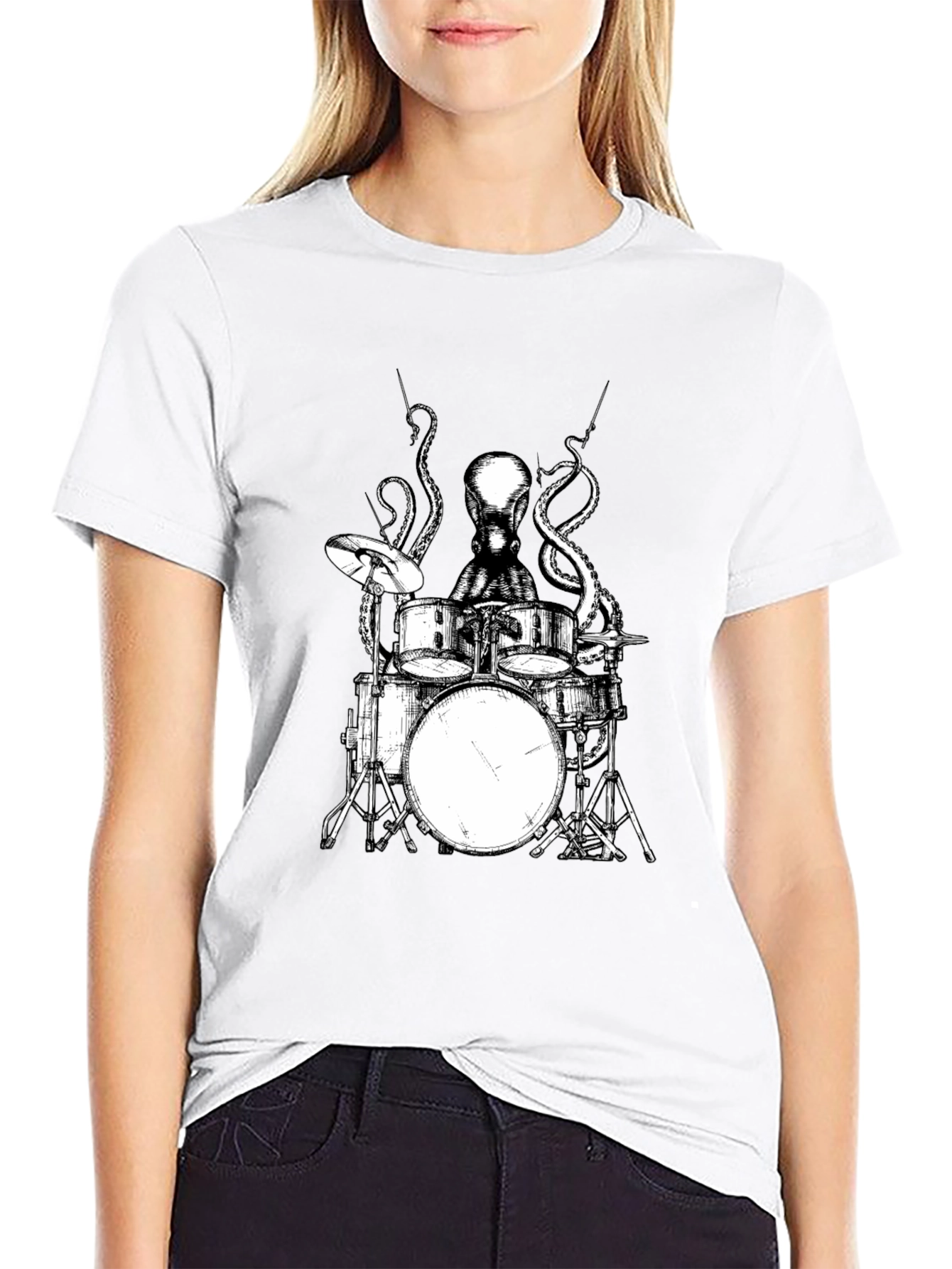 Octopus Drummer Graphic Tee - Black Cotton T-Shirt