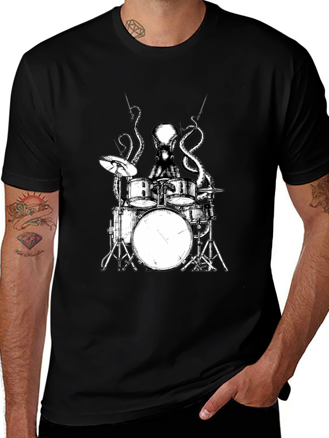 Octopus Drummer Graphic Tee - Black Cotton T-Shirt