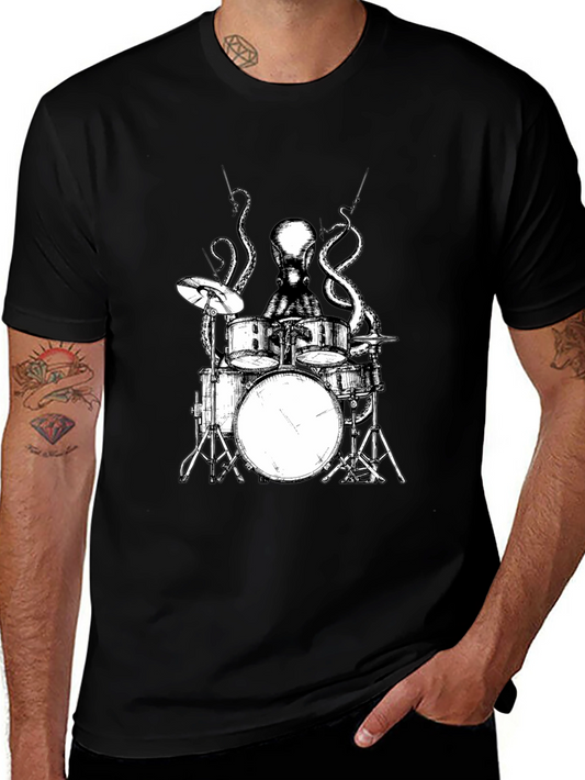Octopus Drummer Graphic Tee - Black Cotton T-Shirt