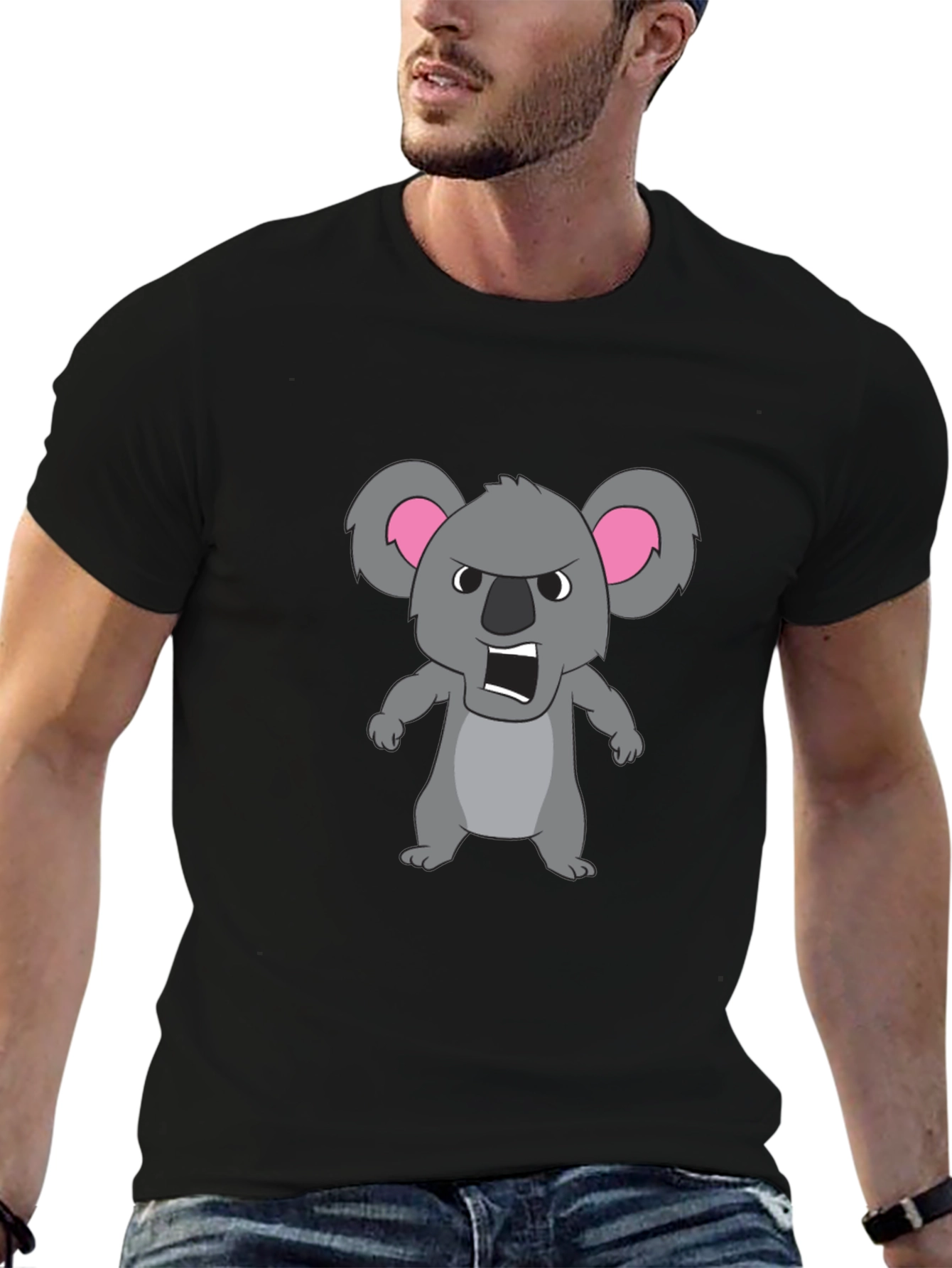 Angry Koala Cartoon Graphic Tee - Black