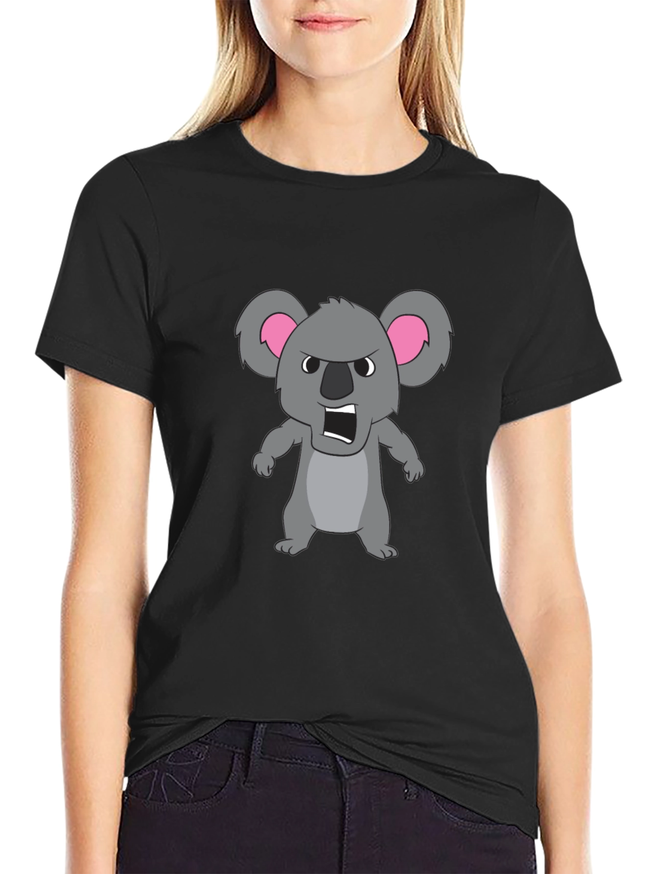 Angry Koala Cartoon Graphic Tee - Black