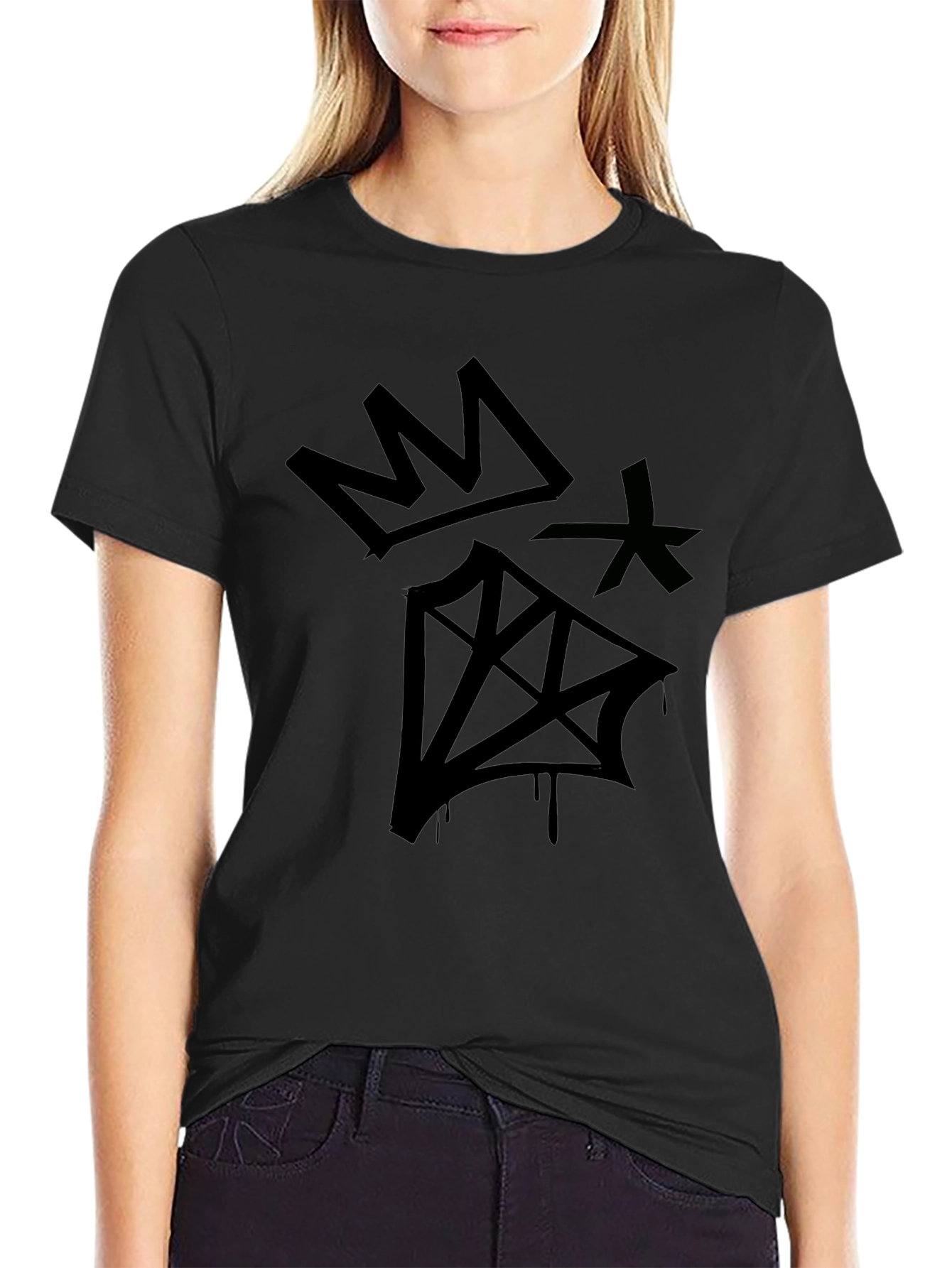 Graphic Print Black T-Shirt - Crown & Diamond Design