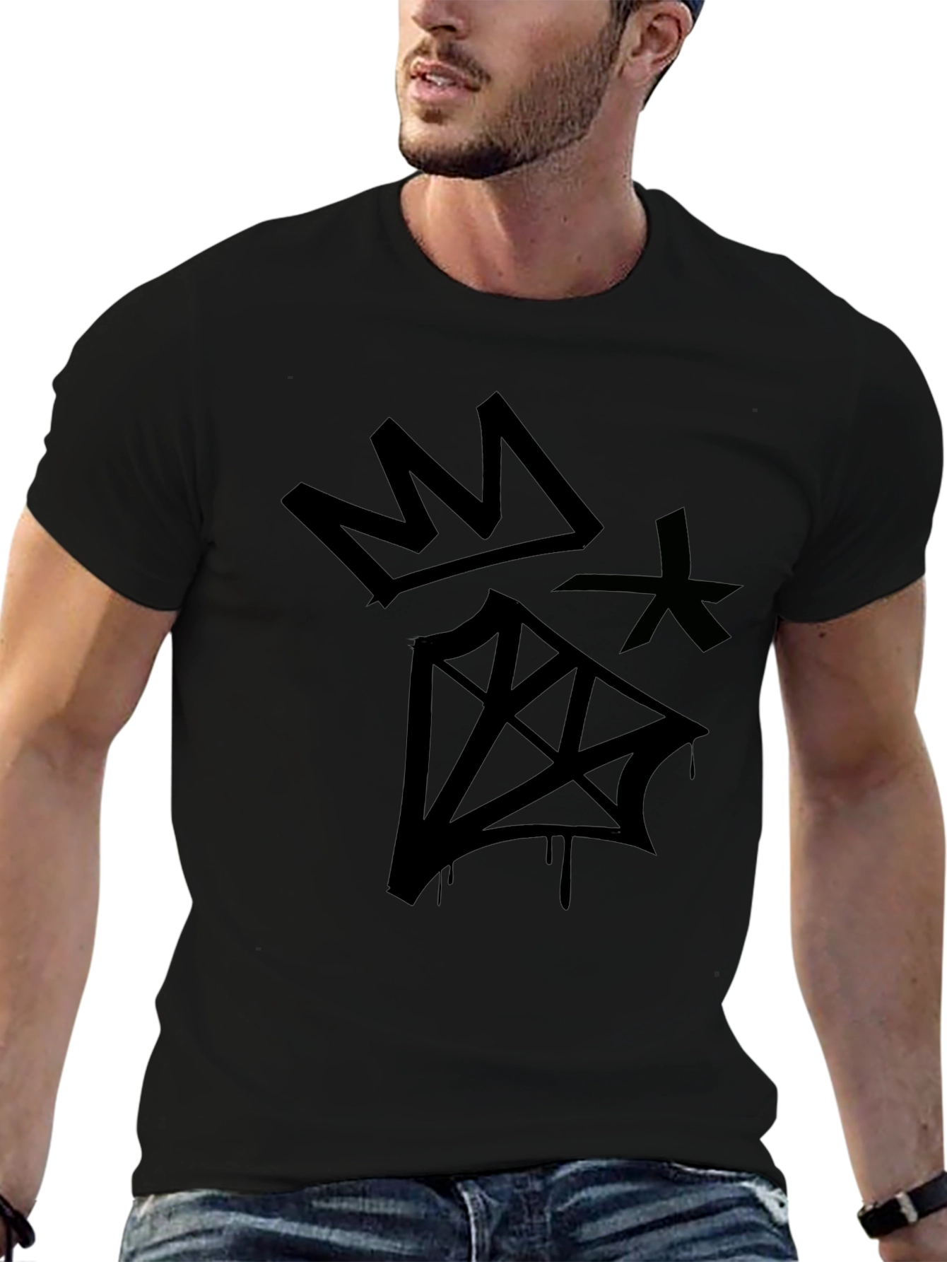 Graphic Print Black T-Shirt - Crown & Diamond Design