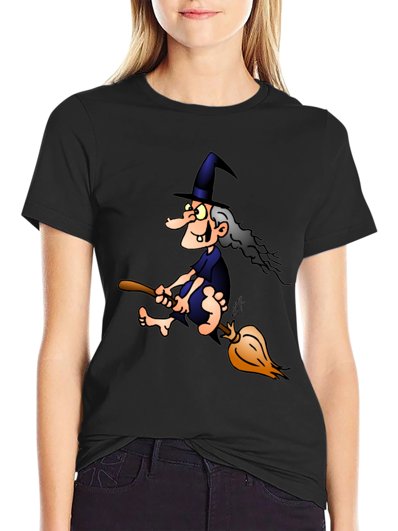 Witch on Broom T-Shirt - Cartoon Graphic Tee